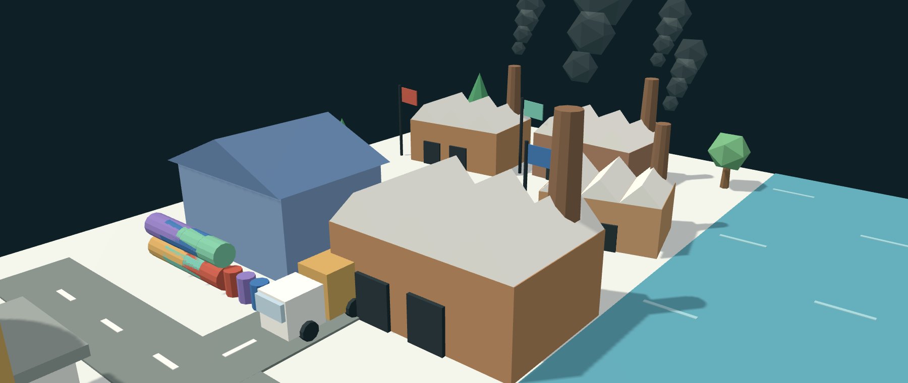 Illustration of factories with smokestacks, raw materials and a truck on the loading road