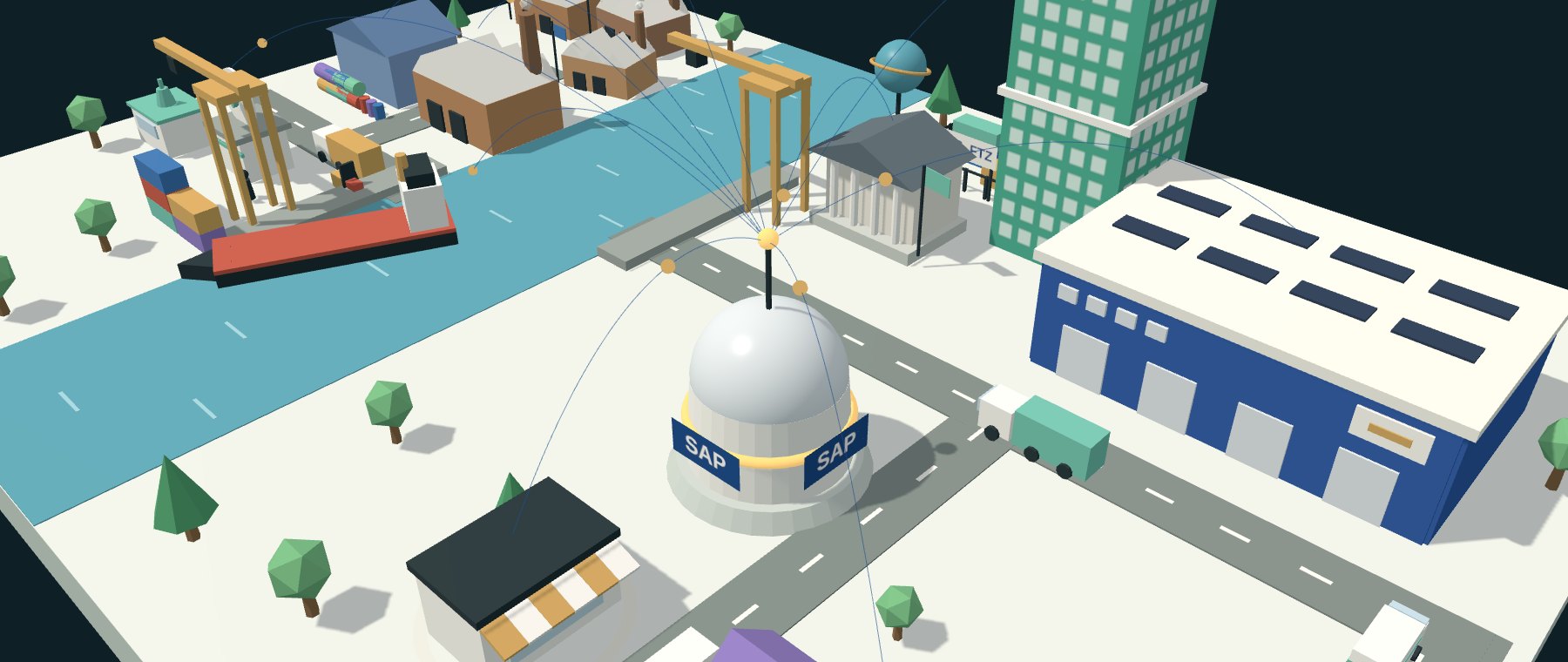 Illustration of a supply chain board with the SAP hub at the center, data lines reaching every building