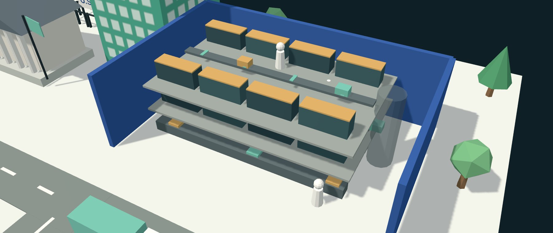 Cutaway illustration of a distribution center with a three-story pick module and zone-route conveyor